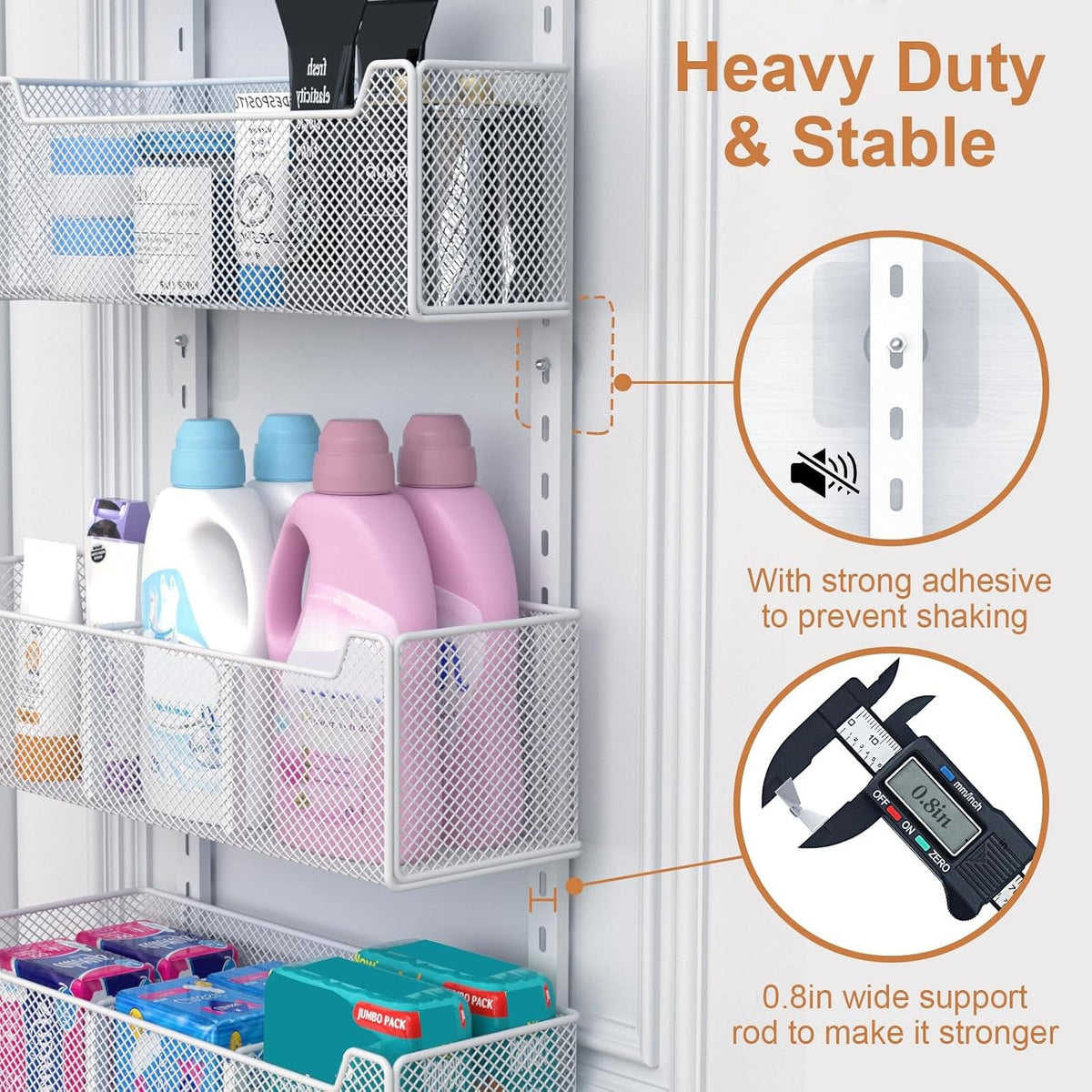 Over The Door Organizer, Metal Door Organizer Hanging with 5 Adjustable Baskets and Coat Hook, Behind The Door Storage for Bedroom Closet Bathroom Pantry Cabinet Kitchen, Black