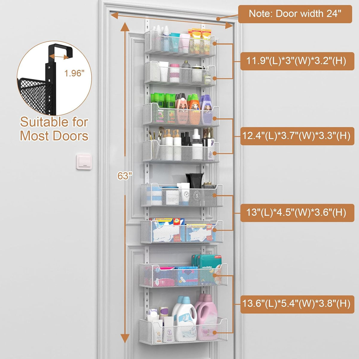 Over The Door Organizer, Metal Door Organizer Hanging with 5 Adjustable Baskets and Coat Hook, Behind The Door Storage for Bedroom Closet Bathroom Pantry Cabinet Kitchen, Black