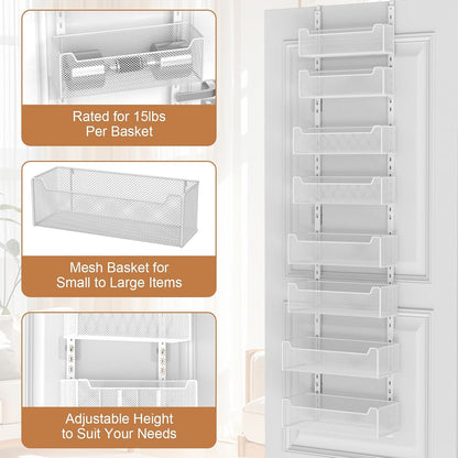 Over The Door Organizer, Metal Door Organizer Hanging with 5 Adjustable Baskets and Coat Hook, Behind The Door Storage for Bedroom Closet Bathroom Pantry Cabinet Kitchen, Black
