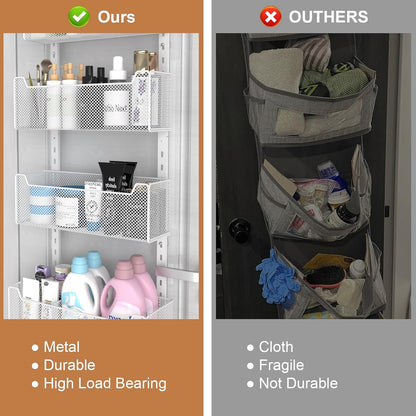 Over The Door Organizer, Metal Door Organizer Hanging with 5 Adjustable Baskets and Coat Hook, Behind The Door Storage for Bedroom Closet Bathroom Pantry Cabinet Kitchen, Black