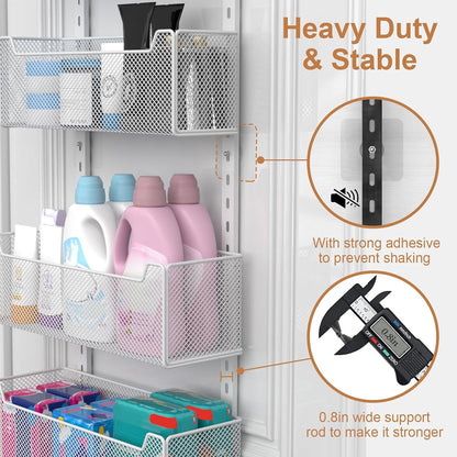 Over The Door Organizer, Metal Door Organizer Hanging with 5 Adjustable Baskets and Coat Hook, Behind The Door Storage for Bedroom Closet Bathroom Pantry Cabinet Kitchen, Black