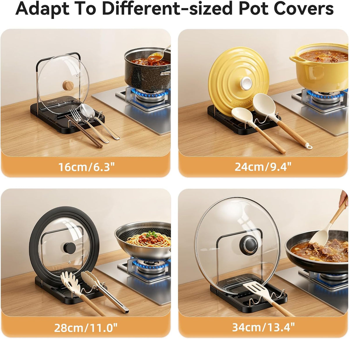 Pot Lid Holder with Innovative Wavy Spoon Rest, Foldable Pan Lid Organizer with 4 Nonslip Suction Pads, Anti-Rust Crock Pot Lid and Spoon Rest for Kitchen Counter & Stove Top, Grey