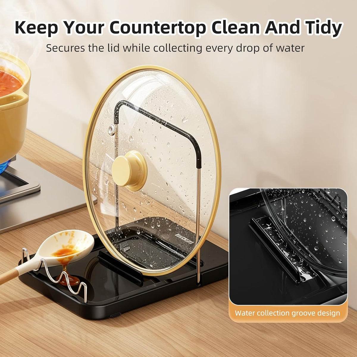 Pot Lid Holder with Innovative Wavy Spoon Rest, Foldable Pan Lid Organizer with 4 Nonslip Suction Pads, Anti-Rust Crock Pot Lid and Spoon Rest for Kitchen Counter & Stove Top, Grey