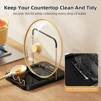 Pot Lid Holder with Innovative Wavy Spoon Rest, Foldable Pan Lid Organizer with 4 Nonslip Suction Pads, Anti-Rust Crock Pot Lid and Spoon Rest for Kitchen Counter & Stove Top, Grey