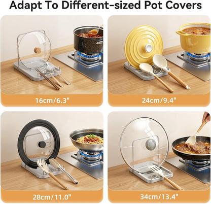 Pot Lid Holder with Innovative Wavy Spoon Rest, Foldable Pan Lid Organizer with 4 Nonslip Suction Pads, Anti-Rust Crock Pot Lid and Spoon Rest for Kitchen Counter & Stove Top, Grey