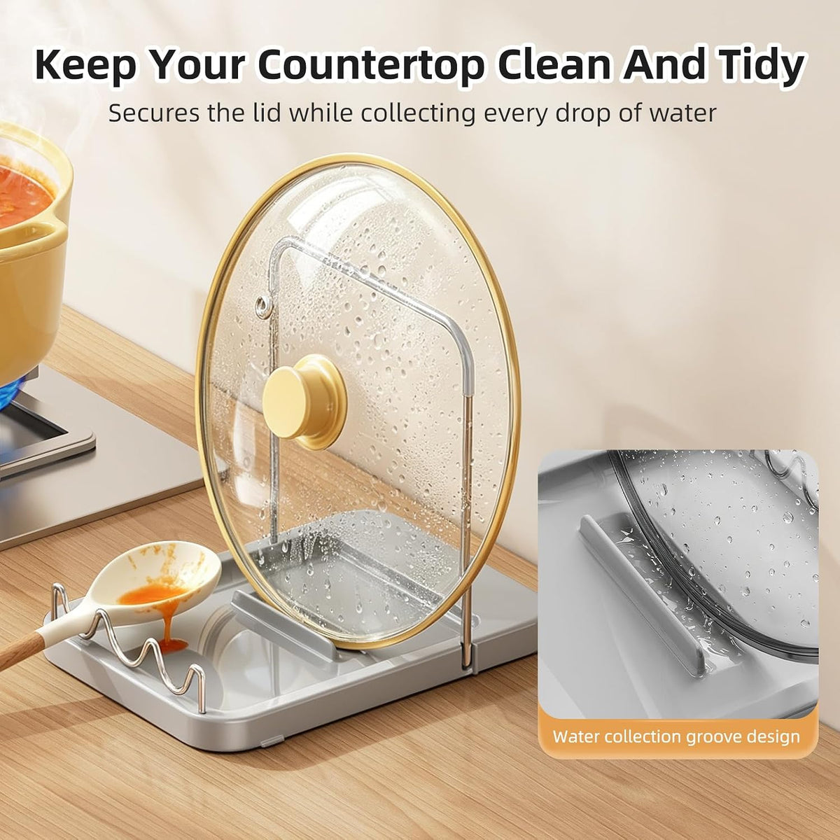 Pot Lid Holder with Innovative Wavy Spoon Rest, Foldable Pan Lid Organizer with 4 Nonslip Suction Pads, Anti-Rust Crock Pot Lid and Spoon Rest for Kitchen Counter & Stove Top, Grey