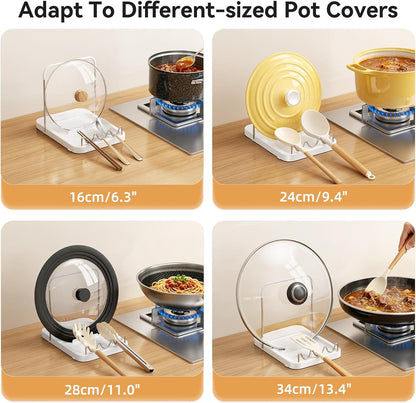 Pot Lid Holder with Innovative Wavy Spoon Rest, Foldable Pan Lid Organizer with 4 Nonslip Suction Pads, Anti-Rust Crock Pot Lid and Spoon Rest for Kitchen Counter & Stove Top, Grey