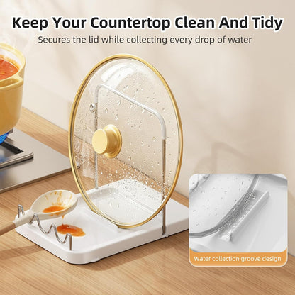 Pot Lid Holder with Innovative Wavy Spoon Rest, Foldable Pan Lid Organizer with 4 Nonslip Suction Pads, Anti-Rust Crock Pot Lid and Spoon Rest for Kitchen Counter & Stove Top, Grey