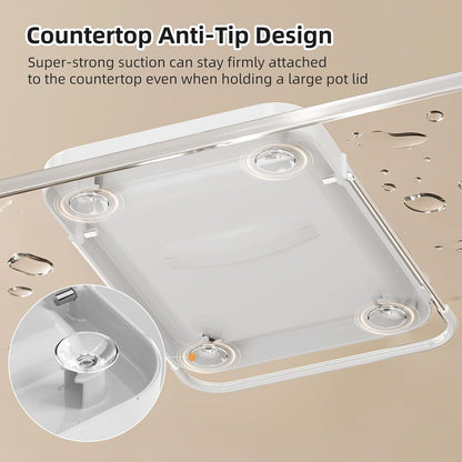 Pot Lid Holder with Innovative Wavy Spoon Rest, Foldable Pan Lid Organizer with 4 Nonslip Suction Pads, Anti-Rust Crock Pot Lid and Spoon Rest for Kitchen Counter & Stove Top, Grey