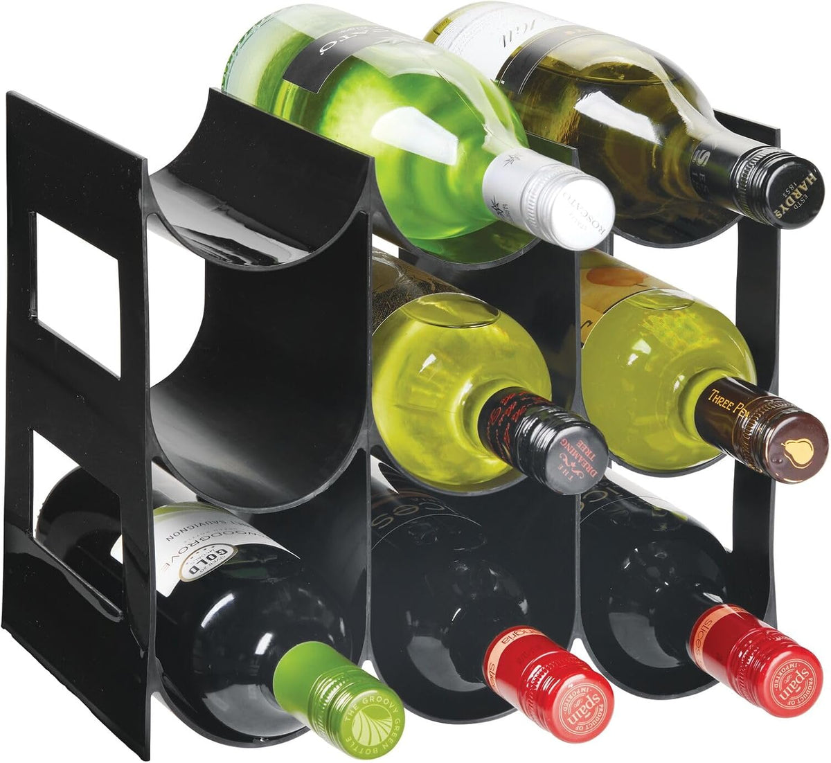 Plastic Water Bottle Organization/Wine Rack Storage Organizer for Kitchen Countertops, Cabinet, Bin, Pantry, Fridge, Refrigerator, 3 Tiers, 9 Bottles, Lumiere Collection - Black