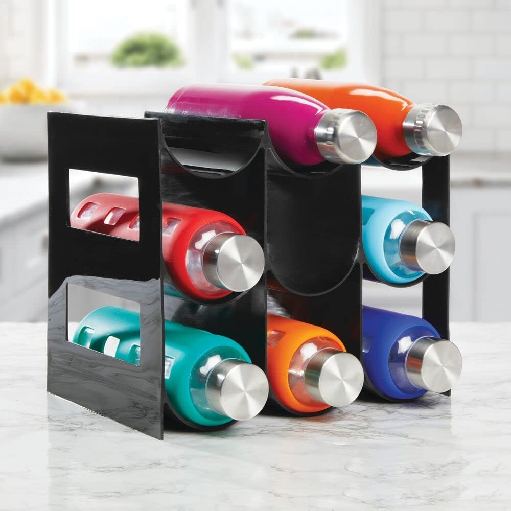 Plastic Water Bottle Organization/Wine Rack Storage Organizer for Kitchen Countertops, Cabinet, Bin, Pantry, Fridge, Refrigerator, 3 Tiers, 9 Bottles, Lumiere Collection - Black