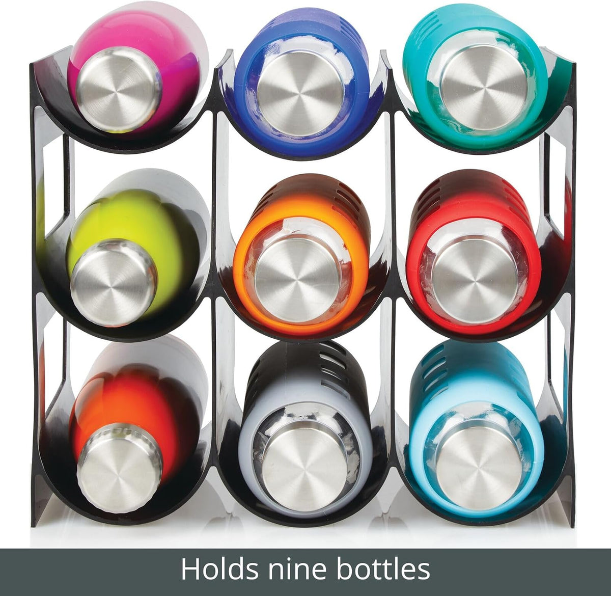 Plastic Water Bottle Organization/Wine Rack Storage Organizer for Kitchen Countertops, Cabinet, Bin, Pantry, Fridge, Refrigerator, 3 Tiers, 9 Bottles, Lumiere Collection - Black