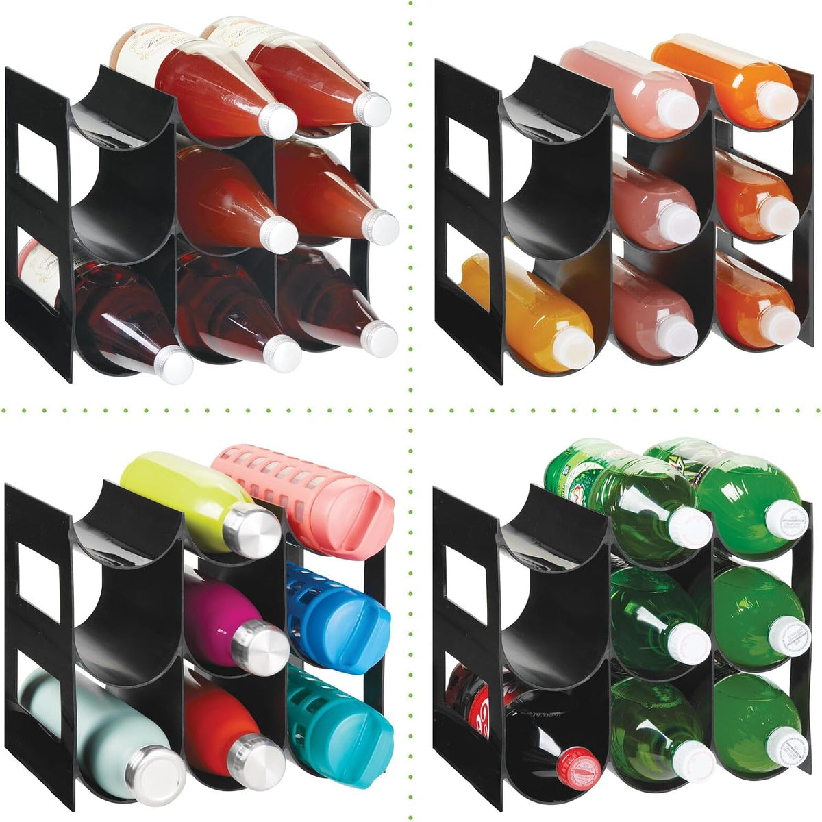 Plastic Water Bottle Organization/Wine Rack Storage Organizer for Kitchen Countertops, Cabinet, Bin, Pantry, Fridge, Refrigerator, 3 Tiers, 9 Bottles, Lumiere Collection - Black