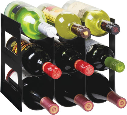 Plastic Water Bottle Organization/Wine Rack Storage Organizer for Kitchen Countertops, Cabinet, Bin, Pantry, Fridge, Refrigerator, 3 Tiers, 9 Bottles, Lumiere Collection - Black