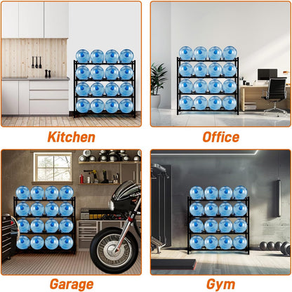 16-Tray Water Cooler Jug Rack - Heavy Duty Carbon Steel 5 Gallon Water Dispenser Jug Holder Stand With 4-Tier Organizer For Home, Office, Kitchen, Warehouse - Black