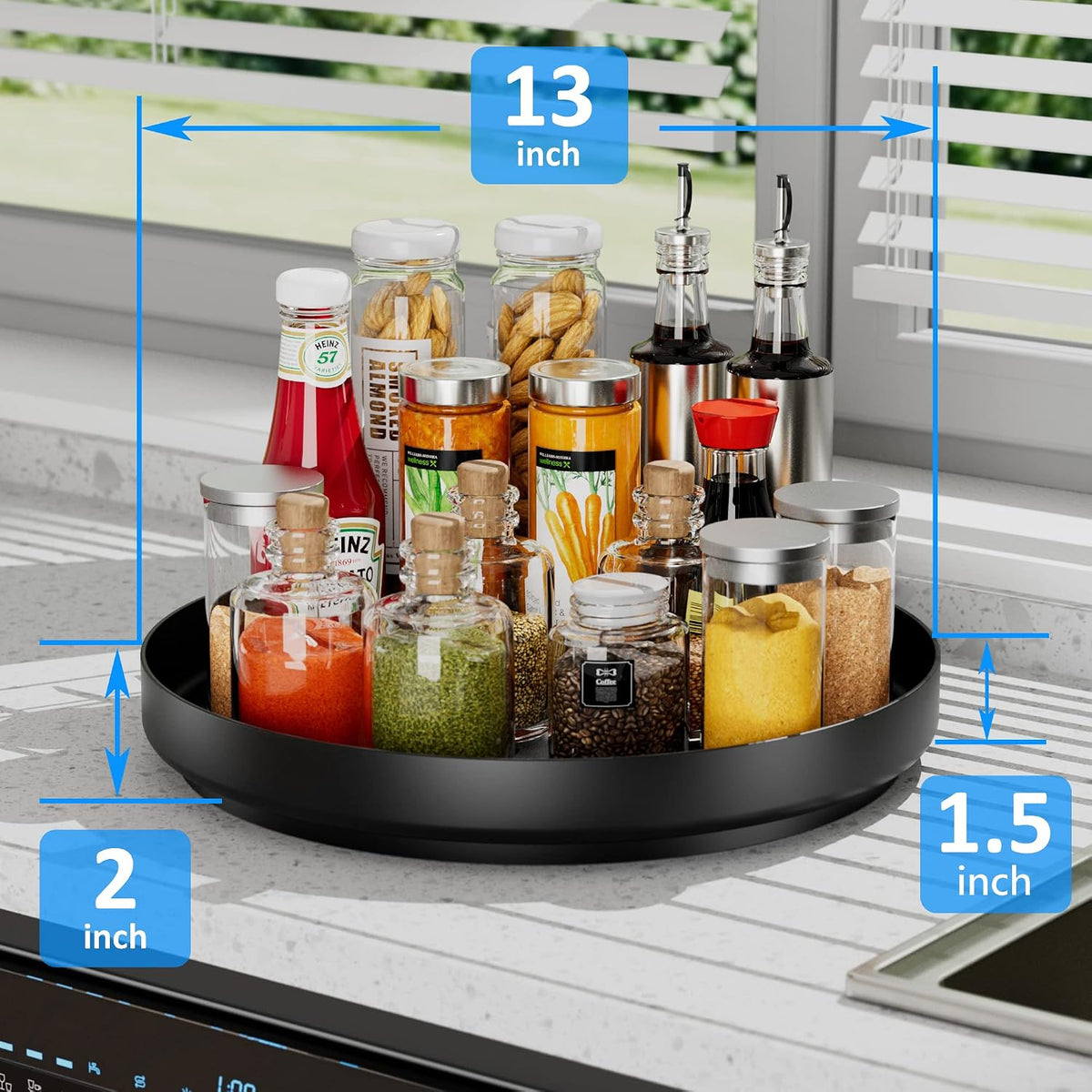 Lazy Susan Turntable Organizer - 13 inch Rotating Spice Rack Metal Lazy Susan for Cabinet Pantry Kitchen Countertop Bathroom Refrigerator Table Storage, Black