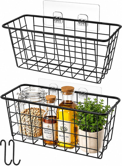 MaraFansie Hanging Kitchen Baskets, Wire Storage Basket Over Cabinet Door Organizer with Adhesive Hooks, No Drilling Pantry & Cabinet Organization for Kitchen Bathroom, Extra 2 Hooks, Black
