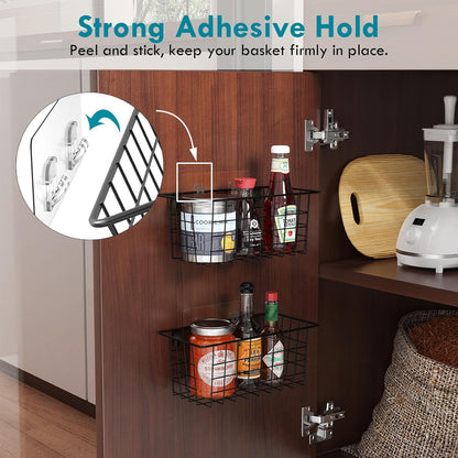 MaraFansie Hanging Kitchen Baskets, Wire Storage Basket Over Cabinet Door Organizer with Adhesive Hooks, No Drilling Pantry & Cabinet Organization for Kitchen Bathroom, Extra 2 Hooks, Black