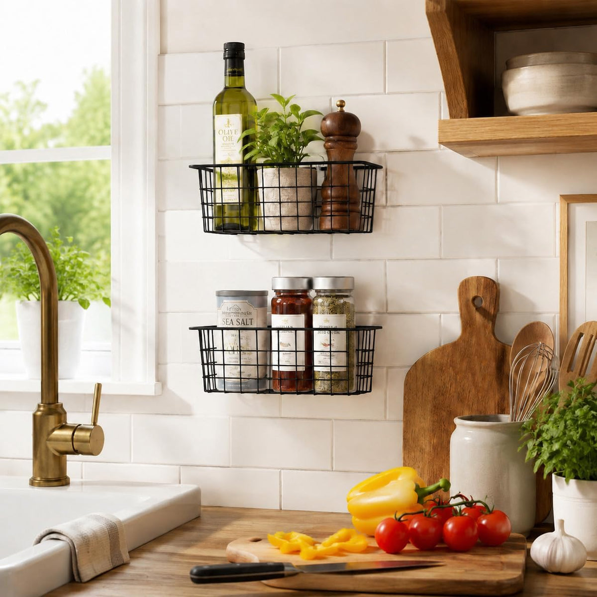 MaraFansie Hanging Kitchen Baskets, Wire Storage Basket Over Cabinet Door Organizer with Adhesive Hooks, No Drilling Pantry & Cabinet Organization for Kitchen Bathroom, Extra 2 Hooks, Black