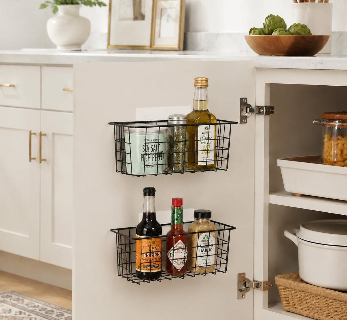 MaraFansie Hanging Kitchen Baskets, Wire Storage Basket Over Cabinet Door Organizer with Adhesive Hooks, No Drilling Pantry & Cabinet Organization for Kitchen Bathroom, Extra 2 Hooks, Black