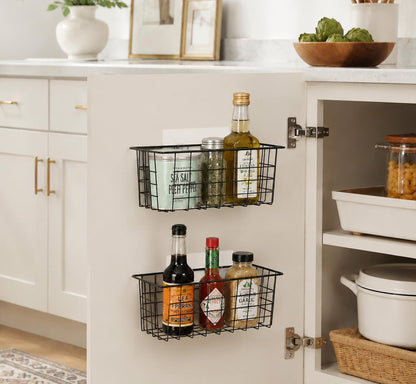 MaraFansie Hanging Kitchen Baskets, Wire Storage Basket Over Cabinet Door Organizer with Adhesive Hooks, No Drilling Pantry & Cabinet Organization for Kitchen Bathroom, Extra 2 Hooks, Black