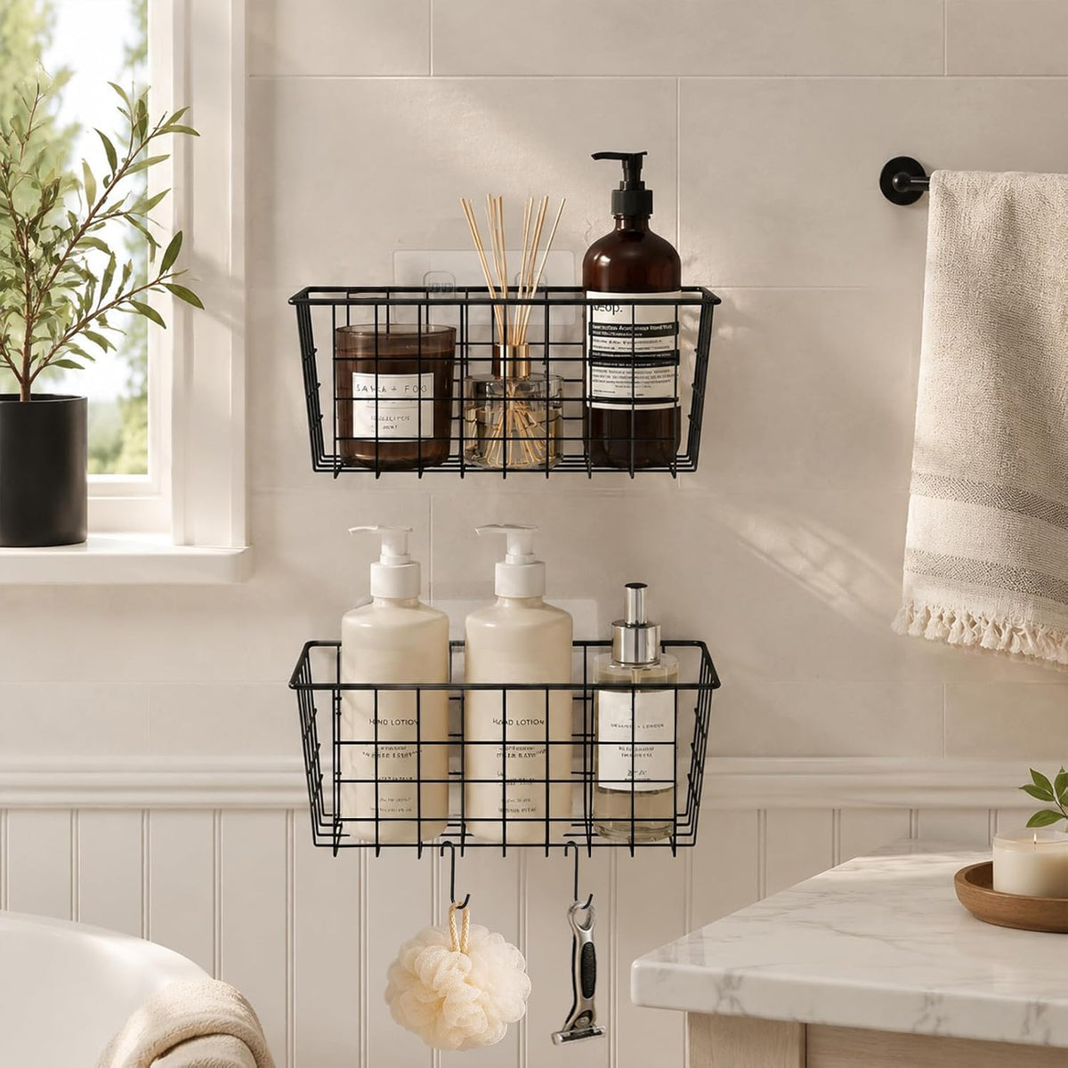 MaraFansie Hanging Kitchen Baskets, Wire Storage Basket Over Cabinet Door Organizer with Adhesive Hooks, No Drilling Pantry & Cabinet Organization for Kitchen Bathroom, Extra 2 Hooks, Black