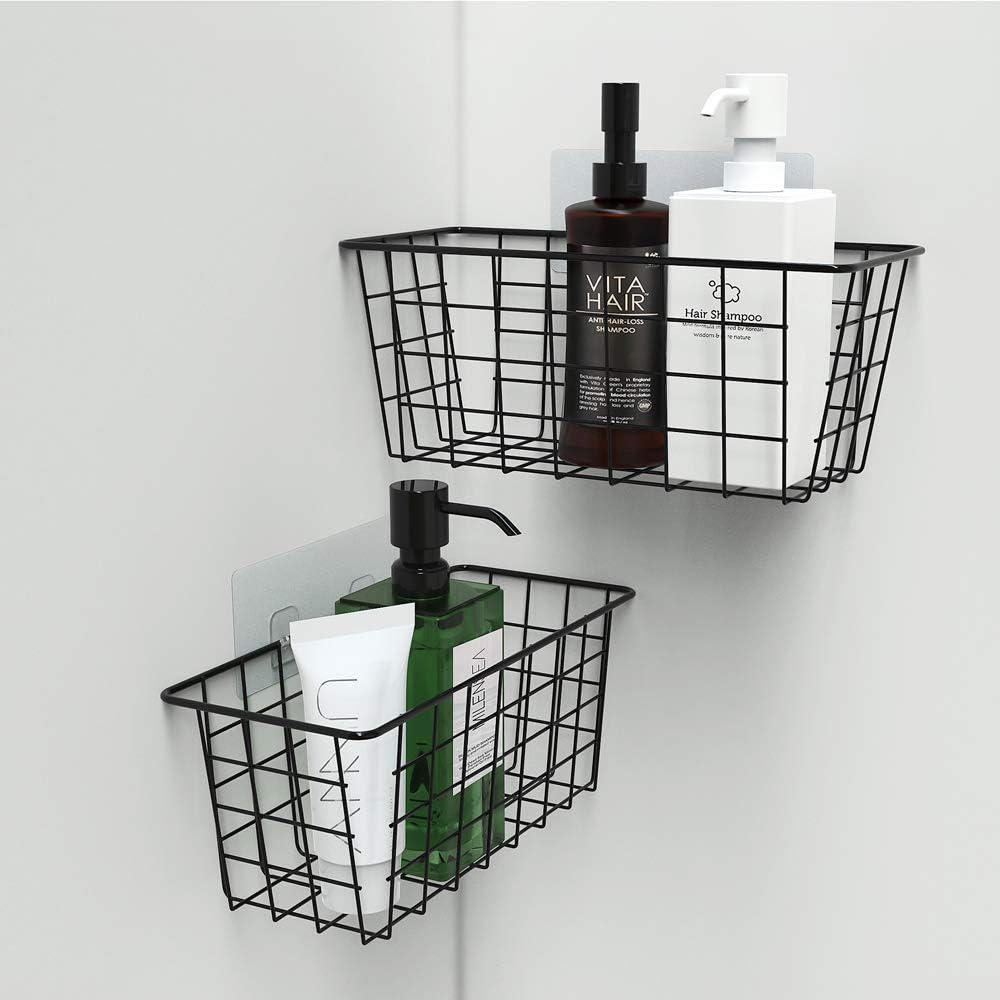 MaraFansie Hanging Kitchen Baskets, Wire Storage Basket Over Cabinet Door Organizer with Adhesive Hooks, No Drilling Pantry & Cabinet Organization for Kitchen Bathroom, Extra 2 Hooks, Black