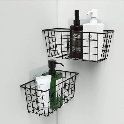 MaraFansie Hanging Kitchen Baskets, Wire Storage Basket Over Cabinet Door Organizer with Adhesive Hooks, No Drilling Pantry & Cabinet Organization for Kitchen Bathroom, Extra 2 Hooks, Black