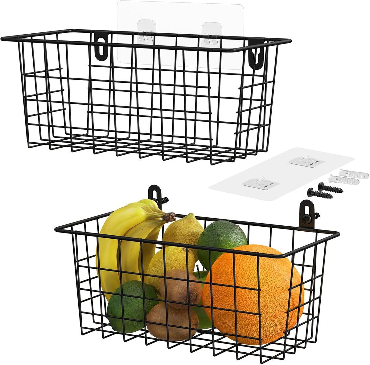 MaraFansie Hanging Kitchen Baskets, Wire Storage Basket Over Cabinet Door Organizer with Adhesive Hooks, No Drilling Pantry & Cabinet Organization for Kitchen Bathroom, Extra 2 Hooks, Black