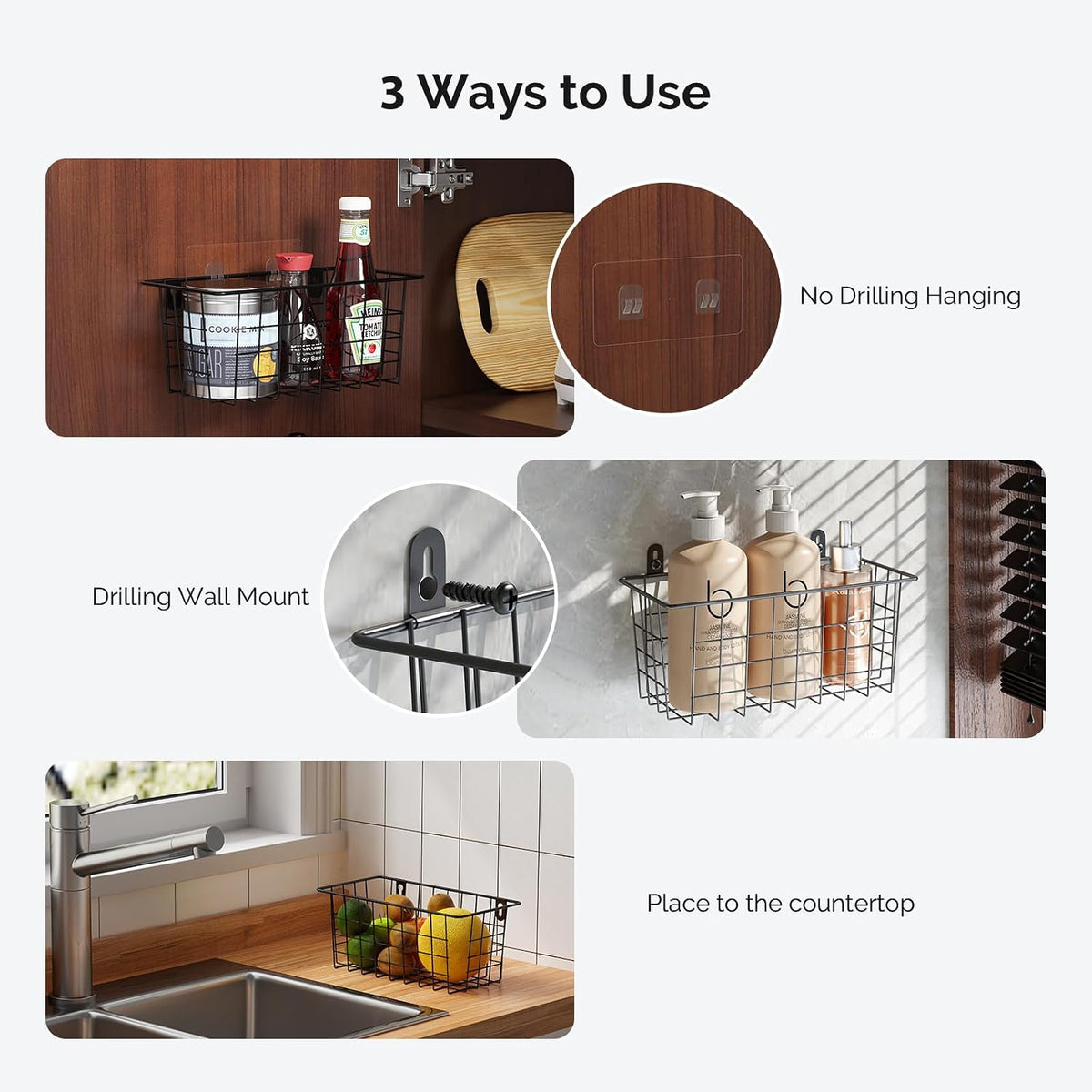 MaraFansie Hanging Kitchen Baskets, Wire Storage Basket Over Cabinet Door Organizer with Adhesive Hooks, No Drilling Pantry & Cabinet Organization for Kitchen Bathroom, Extra 2 Hooks, Black