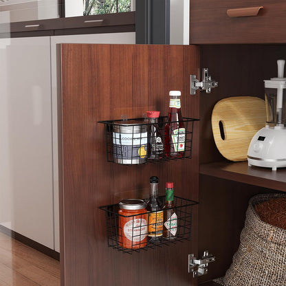 MaraFansie Hanging Kitchen Baskets, Wire Storage Basket Over Cabinet Door Organizer with Adhesive Hooks, No Drilling Pantry & Cabinet Organization for Kitchen Bathroom, Extra 2 Hooks, Black