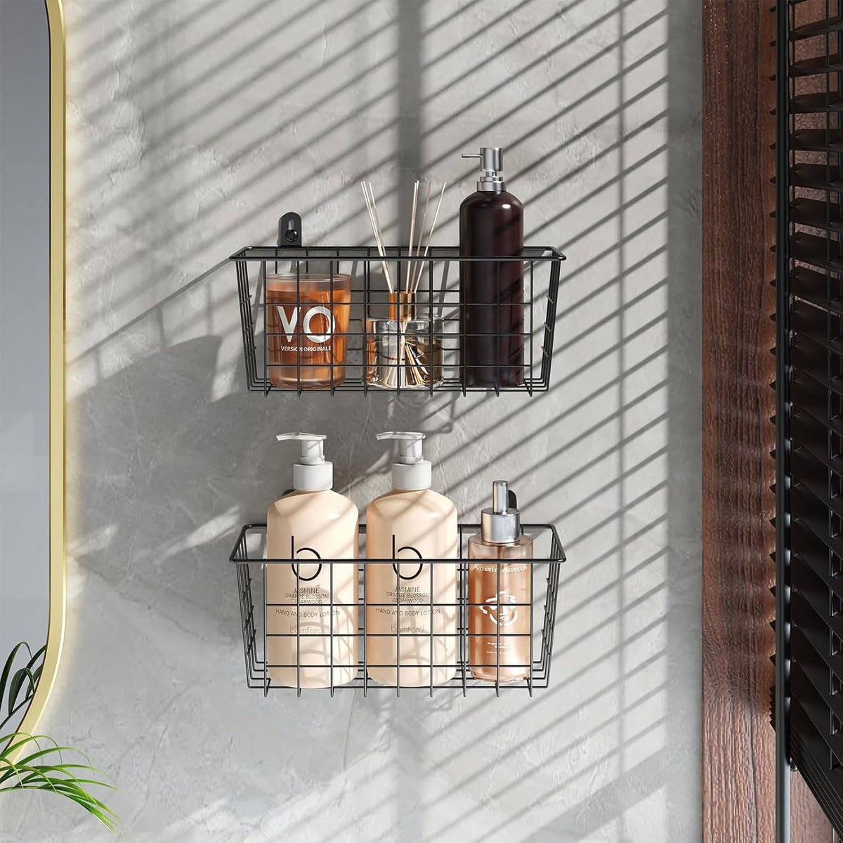 MaraFansie Hanging Kitchen Baskets, Wire Storage Basket Over Cabinet Door Organizer with Adhesive Hooks, No Drilling Pantry & Cabinet Organization for Kitchen Bathroom, Extra 2 Hooks, Black