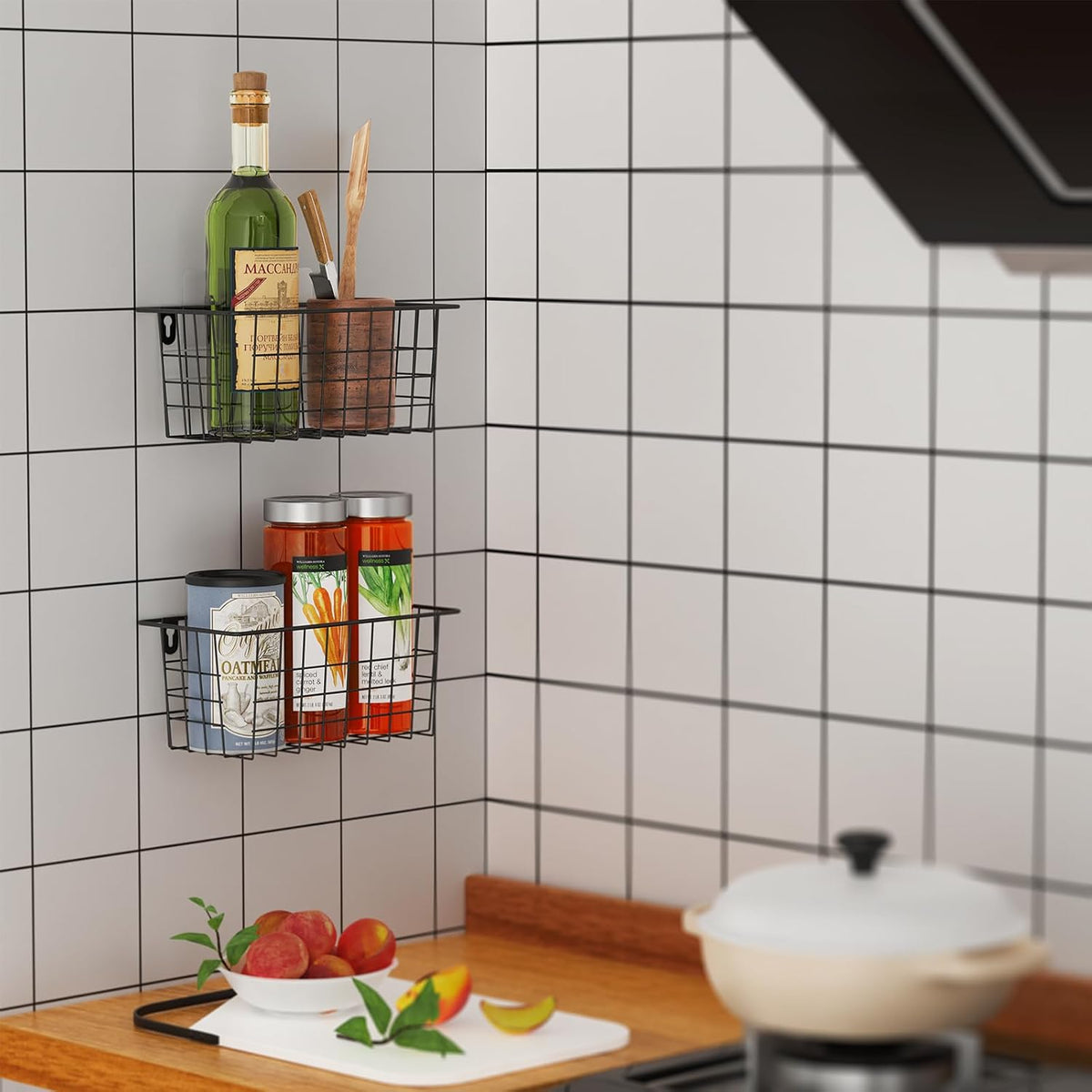MaraFansie Hanging Kitchen Baskets, Wire Storage Basket Over Cabinet Door Organizer with Adhesive Hooks, No Drilling Pantry & Cabinet Organization for Kitchen Bathroom, Extra 2 Hooks, Black