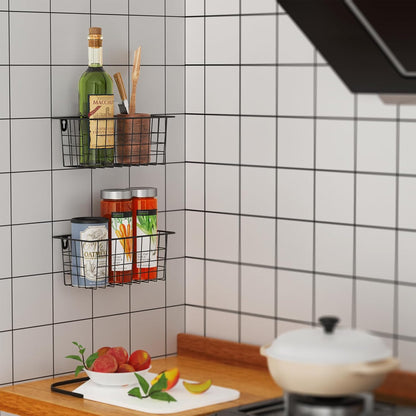 MaraFansie Hanging Kitchen Baskets, Wire Storage Basket Over Cabinet Door Organizer with Adhesive Hooks, No Drilling Pantry & Cabinet Organization for Kitchen Bathroom, Extra 2 Hooks, Black