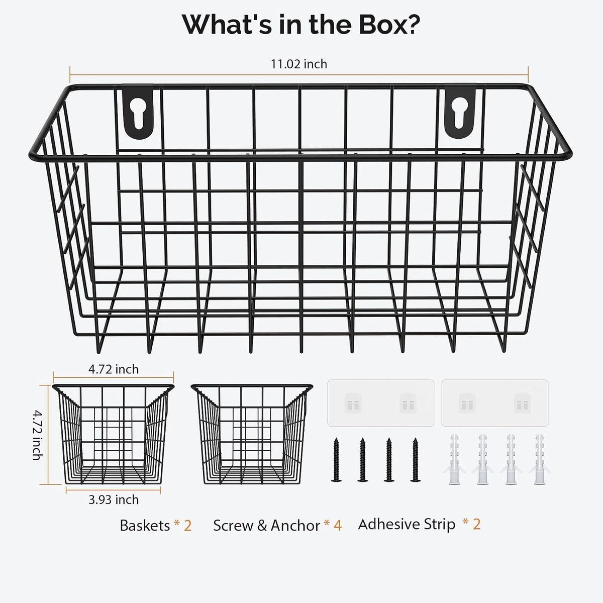 MaraFansie Hanging Kitchen Baskets, Wire Storage Basket Over Cabinet Door Organizer with Adhesive Hooks, No Drilling Pantry & Cabinet Organization for Kitchen Bathroom, Extra 2 Hooks, Black