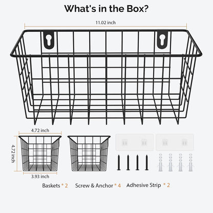 MaraFansie Hanging Kitchen Baskets, Wire Storage Basket Over Cabinet Door Organizer with Adhesive Hooks, No Drilling Pantry & Cabinet Organization for Kitchen Bathroom, Extra 2 Hooks, Black