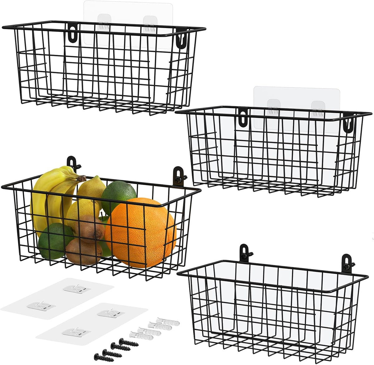 MaraFansie Hanging Kitchen Baskets, Wire Storage Basket Over Cabinet Door Organizer with Adhesive Hooks, No Drilling Pantry & Cabinet Organization for Kitchen Bathroom, Extra 2 Hooks, Black