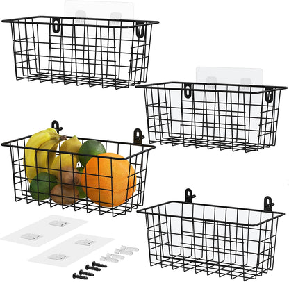 MaraFansie Hanging Kitchen Baskets, Wire Storage Basket Over Cabinet Door Organizer with Adhesive Hooks, No Drilling Pantry & Cabinet Organization for Kitchen Bathroom, Extra 2 Hooks, Black