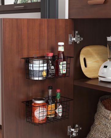 MaraFansie Hanging Kitchen Baskets, Wire Storage Basket Over Cabinet Door Organizer with Adhesive Hooks, No Drilling Pantry & Cabinet Organization for Kitchen Bathroom, Extra 2 Hooks, Black
