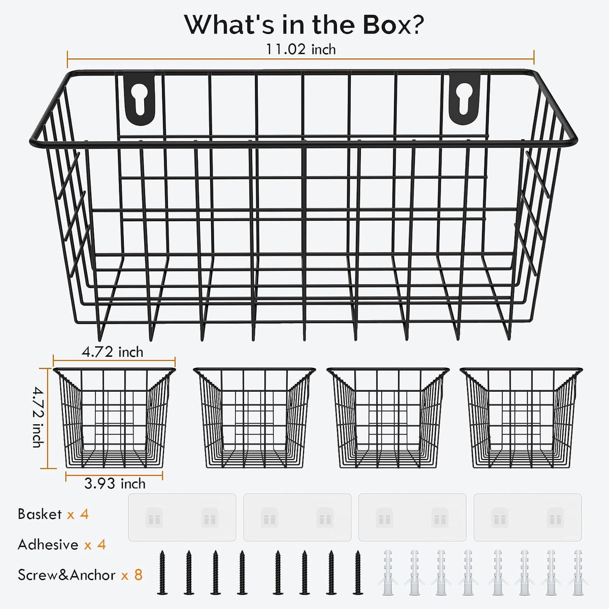 MaraFansie Hanging Kitchen Baskets, Wire Storage Basket Over Cabinet Door Organizer with Adhesive Hooks, No Drilling Pantry & Cabinet Organization for Kitchen Bathroom, Extra 2 Hooks, Black