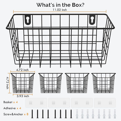 MaraFansie Hanging Kitchen Baskets, Wire Storage Basket Over Cabinet Door Organizer with Adhesive Hooks, No Drilling Pantry & Cabinet Organization for Kitchen Bathroom, Extra 2 Hooks, Black