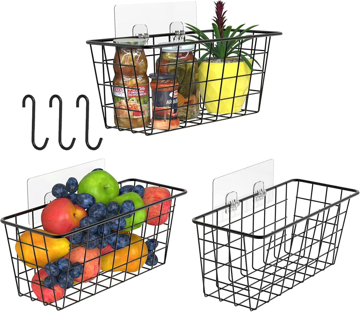 MaraFansie Hanging Kitchen Baskets, Wire Storage Basket Over Cabinet Door Organizer with Adhesive Hooks, No Drilling Pantry & Cabinet Organization for Kitchen Bathroom, Extra 2 Hooks, Black