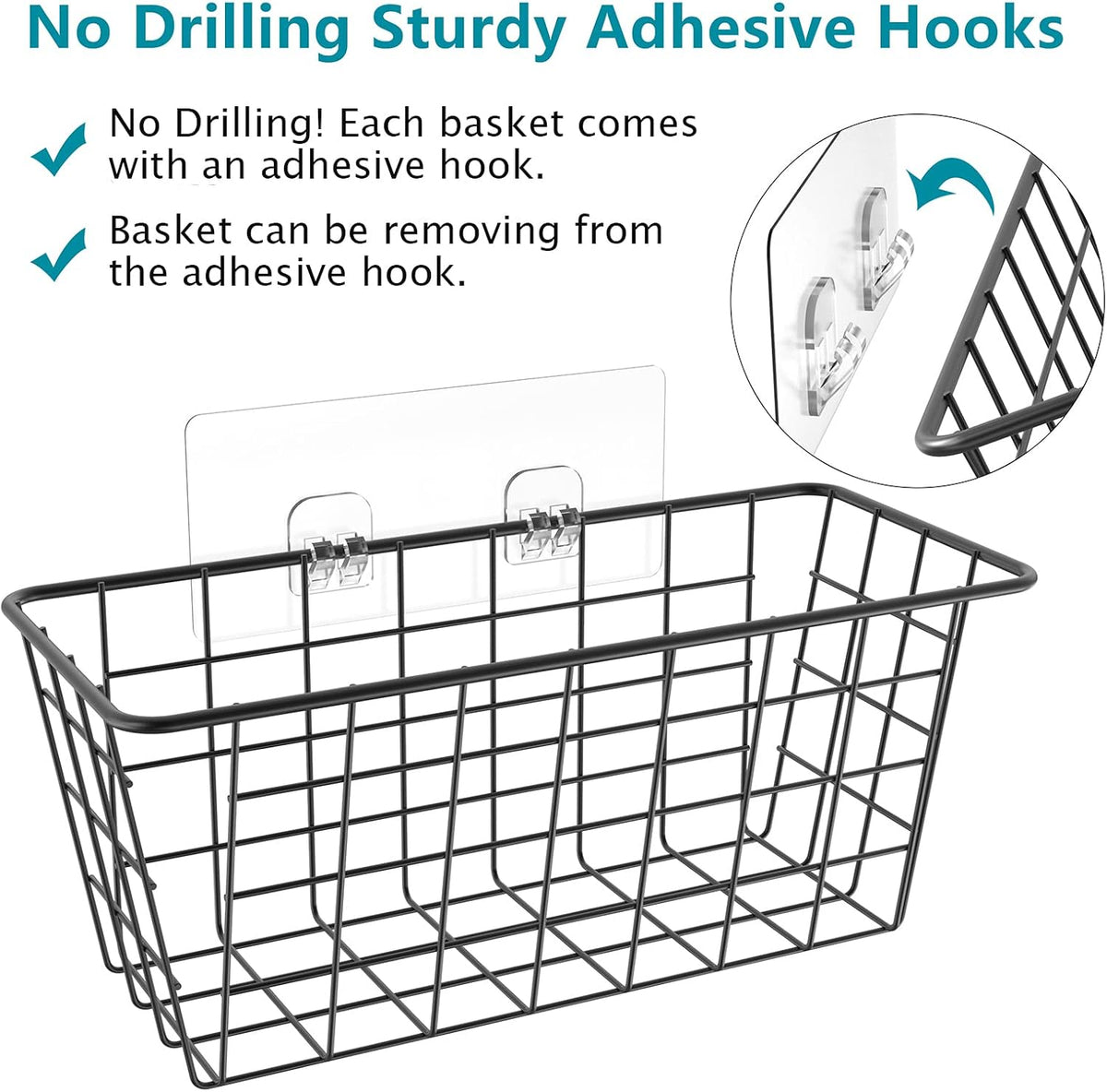 MaraFansie Hanging Kitchen Baskets, Wire Storage Basket Over Cabinet Door Organizer with Adhesive Hooks, No Drilling Pantry & Cabinet Organization for Kitchen Bathroom, Extra 2 Hooks, Black