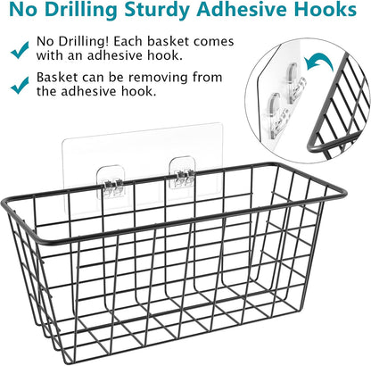 MaraFansie Hanging Kitchen Baskets, Wire Storage Basket Over Cabinet Door Organizer with Adhesive Hooks, No Drilling Pantry & Cabinet Organization for Kitchen Bathroom, Extra 2 Hooks, Black