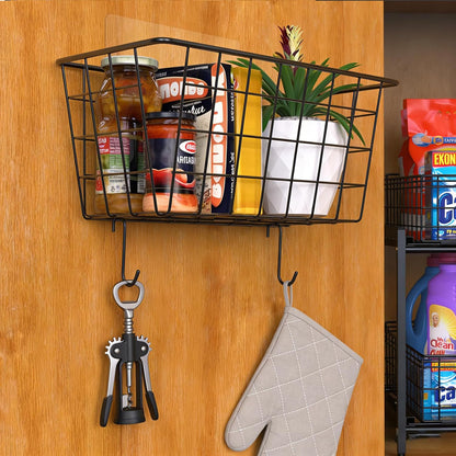 MaraFansie Hanging Kitchen Baskets, Wire Storage Basket Over Cabinet Door Organizer with Adhesive Hooks, No Drilling Pantry & Cabinet Organization for Kitchen Bathroom, Extra 2 Hooks, Black