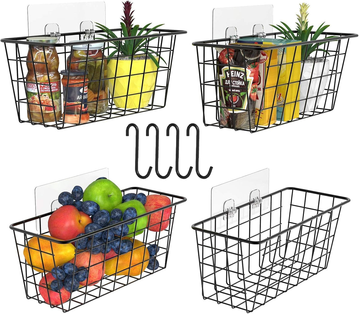 MaraFansie Hanging Kitchen Baskets, Wire Storage Basket Over Cabinet Door Organizer with Adhesive Hooks, No Drilling Pantry & Cabinet Organization for Kitchen Bathroom, Extra 2 Hooks, Black