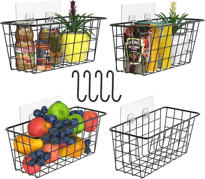 MaraFansie Hanging Kitchen Baskets, Wire Storage Basket Over Cabinet Door Organizer with Adhesive Hooks, No Drilling Pantry & Cabinet Organization for Kitchen Bathroom, Extra 2 Hooks, Black