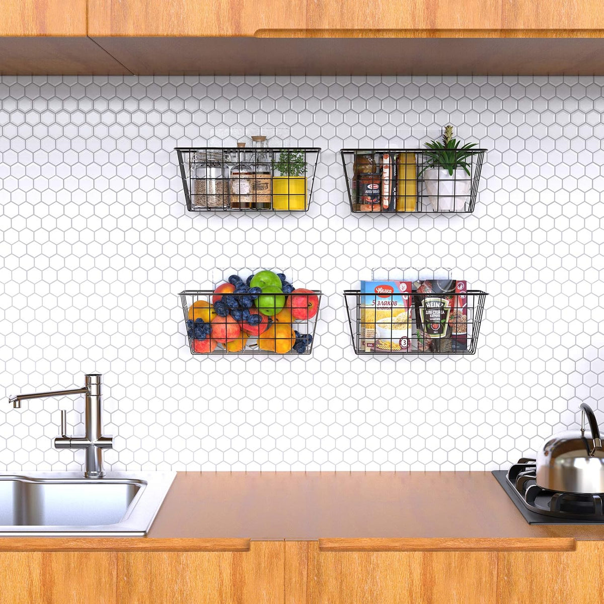 MaraFansie Hanging Kitchen Baskets, Wire Storage Basket Over Cabinet Door Organizer with Adhesive Hooks, No Drilling Pantry & Cabinet Organization for Kitchen Bathroom, Extra 2 Hooks, Black