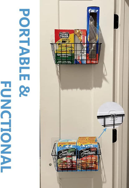 MaraFansie Hanging Kitchen Baskets, Wire Storage Basket Over Cabinet Door Organizer with Adhesive Hooks, No Drilling Pantry & Cabinet Organization for Kitchen Bathroom, Extra 2 Hooks, Black