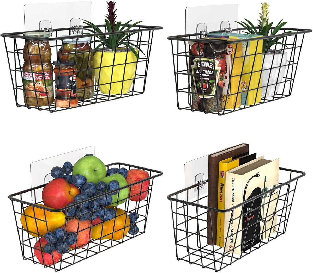 MaraFansie Hanging Kitchen Baskets, Wire Storage Basket Over Cabinet Door Organizer with Adhesive Hooks, No Drilling Pantry & Cabinet Organization for Kitchen Bathroom, Extra 2 Hooks, Black